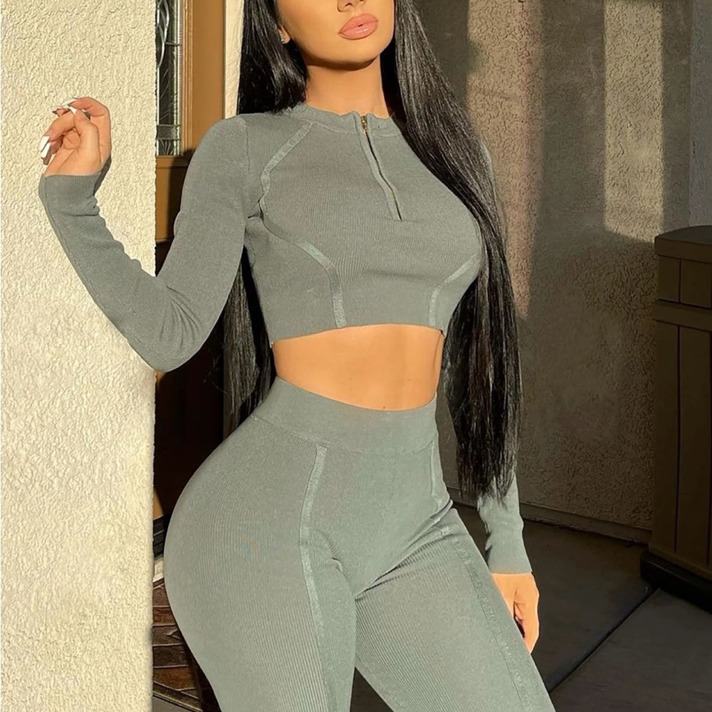 Gray Ribbed Crop Top and Leggings Set